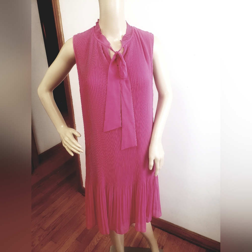 DKNY Womens Pink Tie Neck Pleated Peplum Sleeveless Dress~ Size 8
